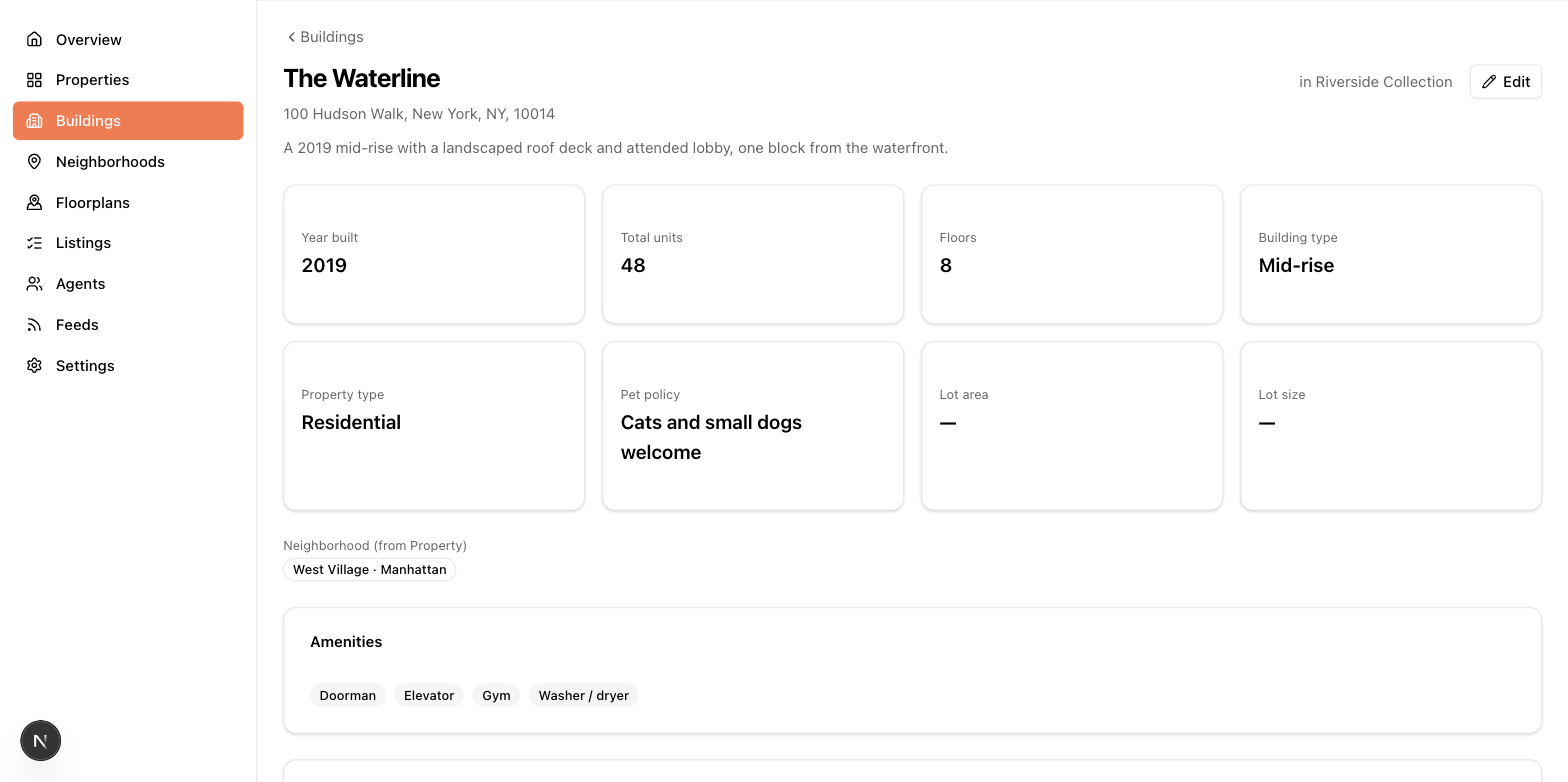 A building's detail page: key facts, pet policy, and amenities