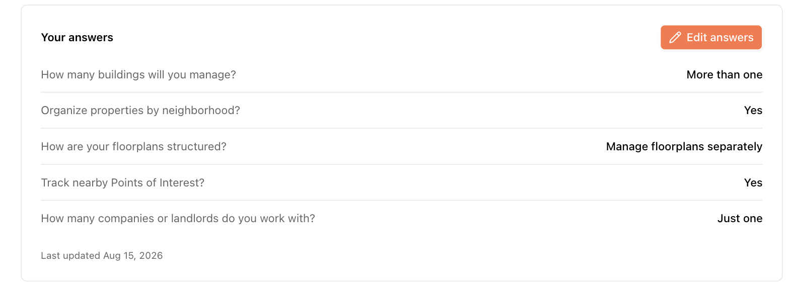 Settings → Configuration showing every answer and the Edit answers button