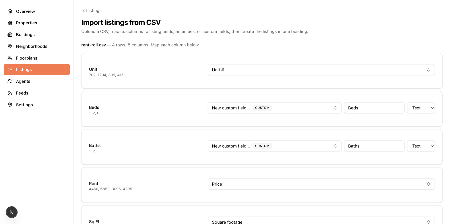 The mapping step: each CSV column with sample values and its suggested destination