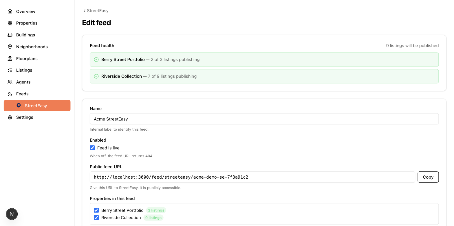 Editing a feed: health per property, the live toggle, the copyable public URL, and property checkboxes