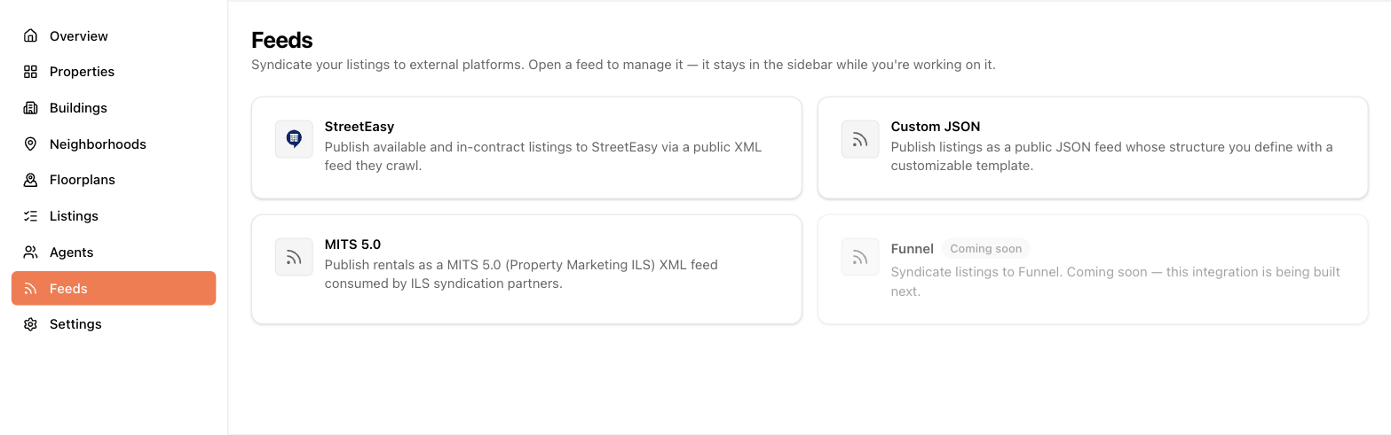 The Feeds page with its provider cards