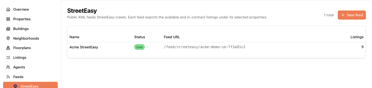 A feed list showing the Live status badge, the feed URL, and the listing count
