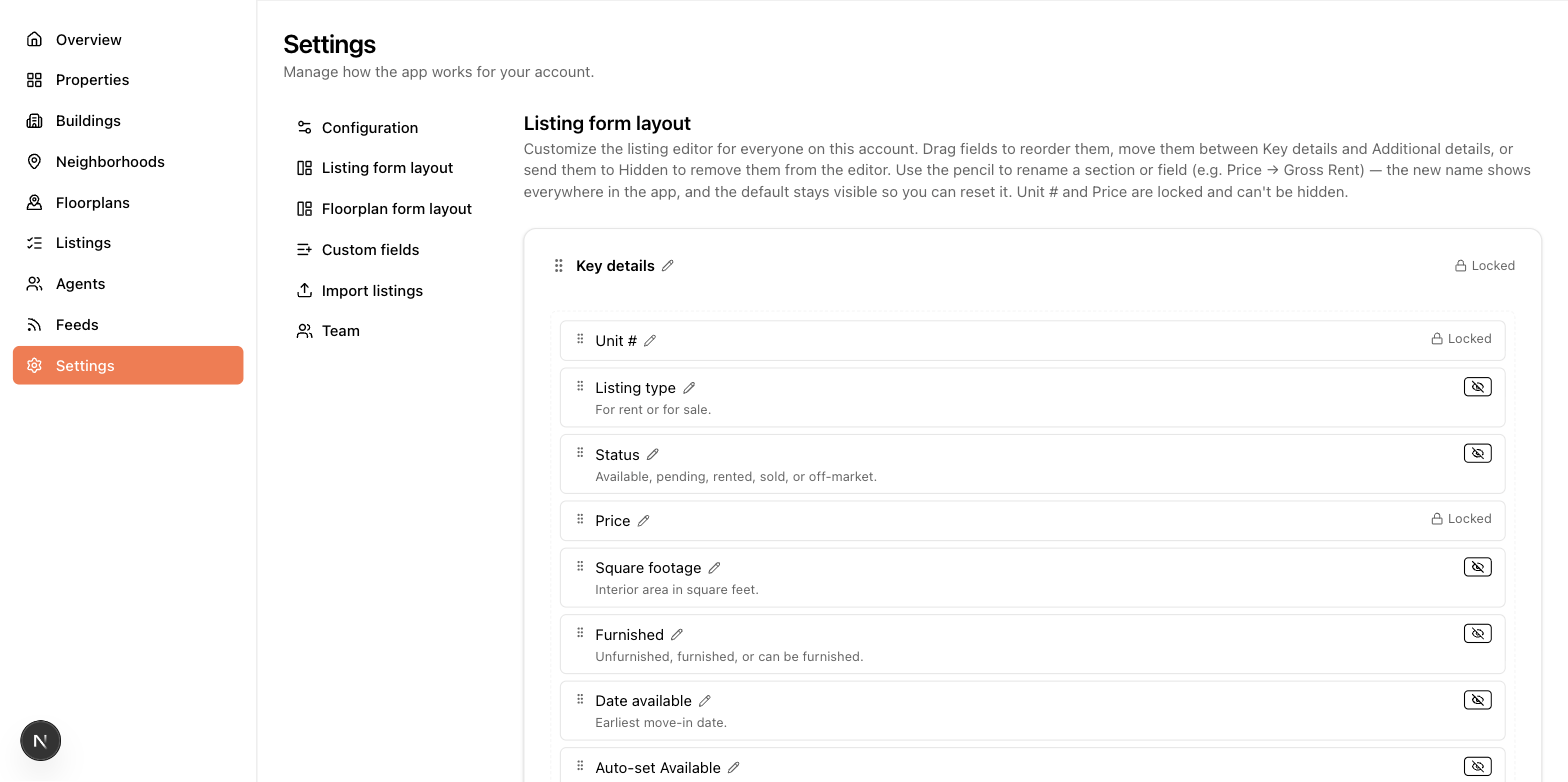 The listing form layout editor: draggable fields, rename pencils, hide buttons, and locked essentials
