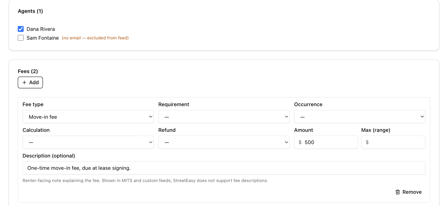 The Agents and Fees sections on the listing form