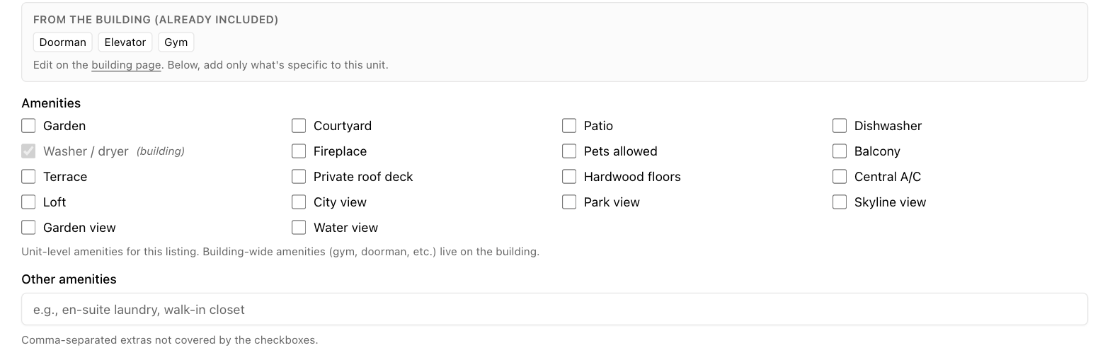 Amenities on the listing form, with building-provided ones already included