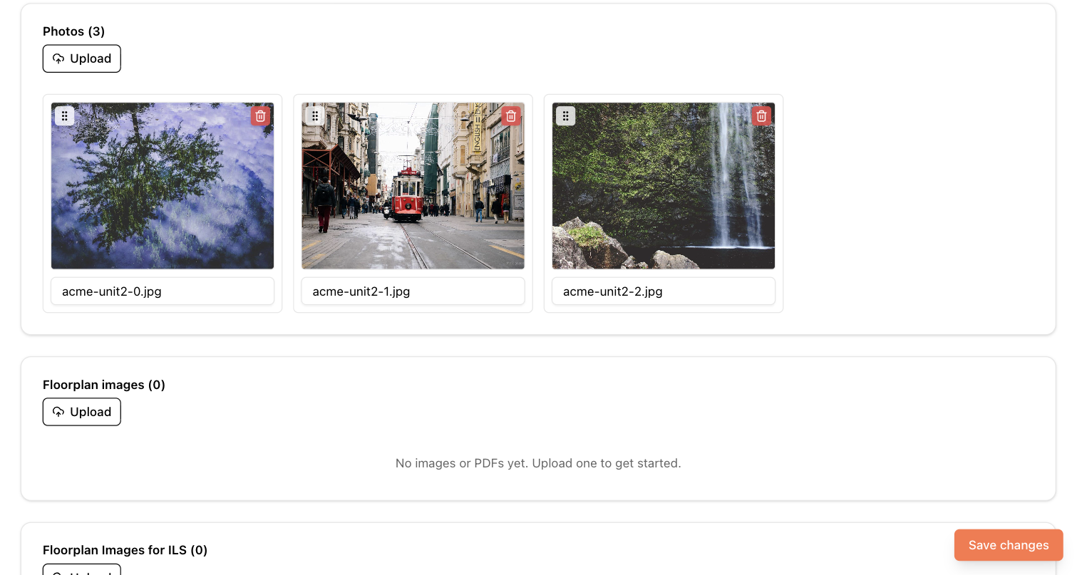 A listing's galleries: Photos with drag handles and captions, plus Floorplan images and ILS images below