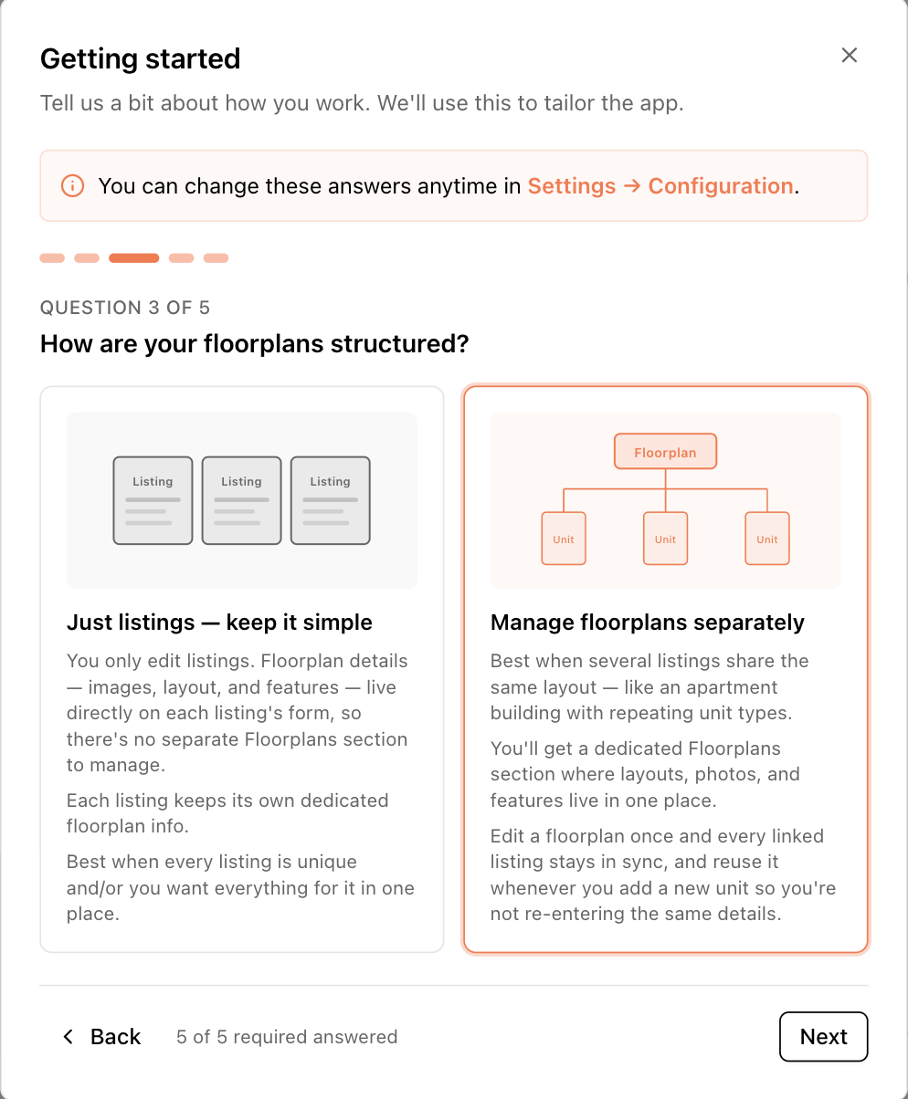 The setup wizard, on the floorplan-structure question with its two illustrated options