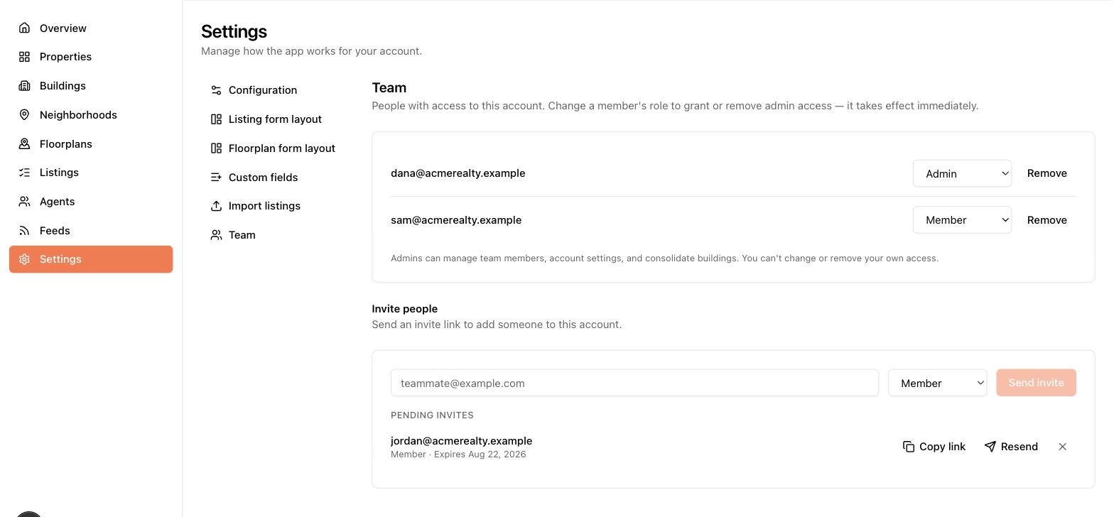 The Team page: members with role dropdowns, the invite form, and a pending invite